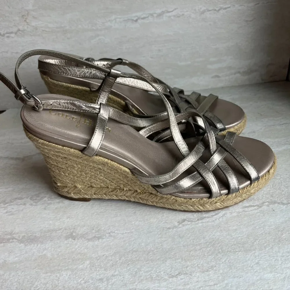 ** Cole Haan Strappy Silver Metallic Espadrille Wedge Sandals Size 8.5B